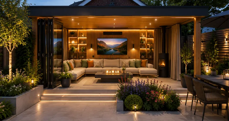 AI-proposed year-round garden room concept, presented as an unverified design direction rather than a construction plan