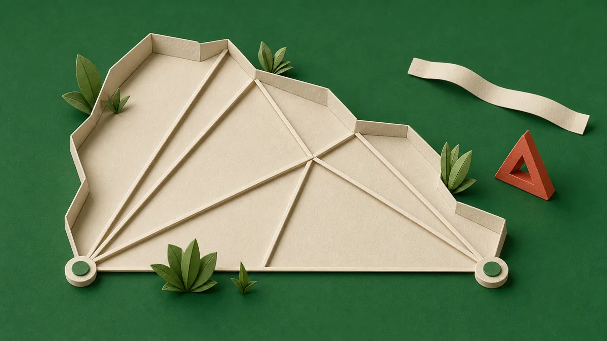 An irregular folded-paper garden outline is fixed to a straight baseline by triangular measuring bands, showing why AI needs measurements tied to known reference points.